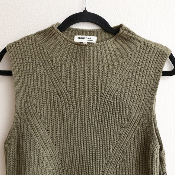 Monteau Los Angelos Olive Green Mock Neck Sleeveless Knit Sweater Vest M - Picture 2 of 9